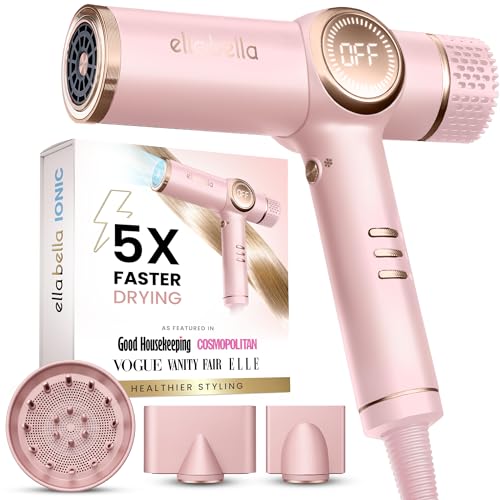 ELLA BELLA Professional Ionic Hair Dryer with Diffuser Negative Ion Blow Dryer Suitable All Hair Types Intelligent Heat Control & Rapid Drying Speeds Lightweight Design Low Noise Technology