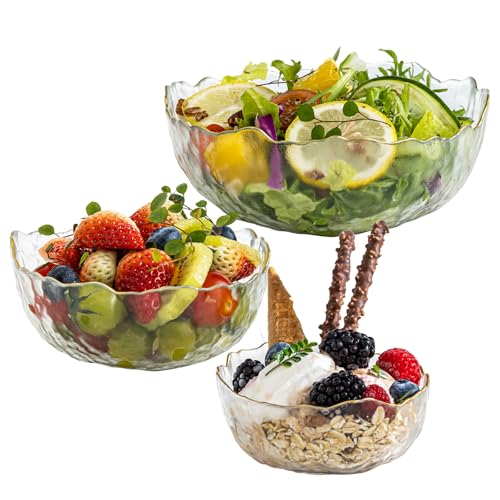 JGKYLDZ Vintage Glass Salad Bowl Set of 3, Gold-Edged Glass Mixing Bowls for Fruits, salads, Ice Cream, Snacks & Parties – BPA-Free Glass Serving Bowls For Kitchen, Dining, Entertaining (3)