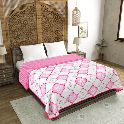 Image of BLOCKS OF INDIA 100% Cotton Dohar King Size Reversible Hand Block Printed Malmal Summer Dohar /Blanket (MUGHAL Pink)