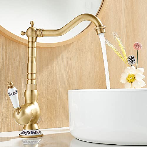 Maynosi Grifos de Lavabo de Baño Retro, Grifo de Lavabo de Cocina Vintage, Mezclador Tradicional con Caño Giratorio de 360°, Grifo de Agua Caliente y Fría con Palanca de Cerámica (Latón Antiguo)