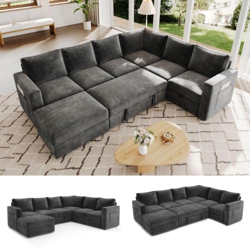 Image of 106.7 inch Chenille Sectional Sleeper Sofa, Pull Couch with Storage, Dark Gray | 7 Seat Comfy Couches for Living Room, Apartments, or Guest Spaces; Sectionals Modular Sofa Design, Comfortable Seating.