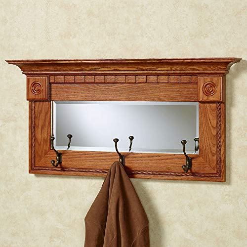 Touch Of Class Dentil Pediment Wall Mirror With Coat Hooks - Windsor Oak- Solid Wood And Glass - Classic Decor For Bedroom, Living Room, Dining Room, Office, Entryway, Foyer - Quality Crafted #TOP17