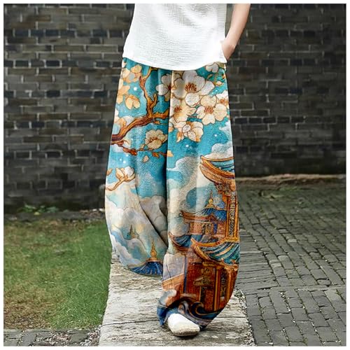 MARSVOVO Baggy Sweatpants for Women Wide Leg Harem Pants Woman Landscape Ink Painting Print Casual Culottes with Pockets3