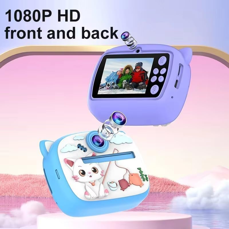 Image of Kids Instant Print Camera with Built-in Printer, Digital Video Camera, One-Button Design, Display Screen, TF Card Slot, USB Charging, Includes Roll Paper and Random Color (Cute-Camera)