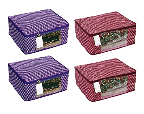 Image of Saree Protector Cover (Pack of 4, Maroon + Purple) | Cotton, Zipper Closure, Wardrobe Organizer