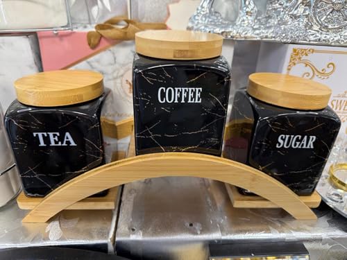 Image of Cream Ceramic Coffee, Tea & Sugar Canister Set 3-Piece Marble Print Storage Jars with Lids and wooden stand – Stylish Kitchen Containers for Coffee, Tea & Sugar 15x10cm (cream)