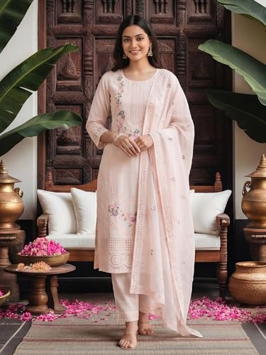 Image of INDO ERA Women's Floral Embroidered Straight Pure Cotton Kurta Pant with Dupatta Set