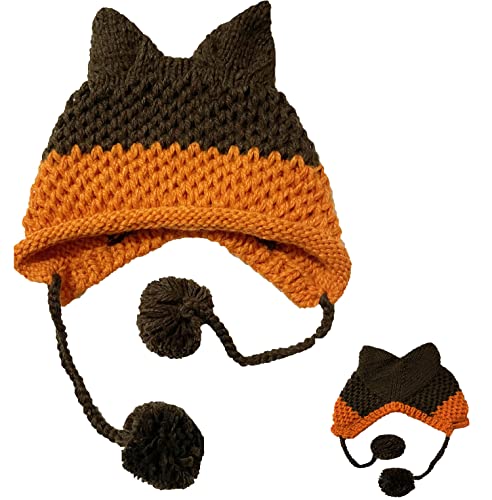 SUNONE11HKA Fox Ears Beanie Handmade Knitting Pompom Caps Patchwork Crochet Hats
