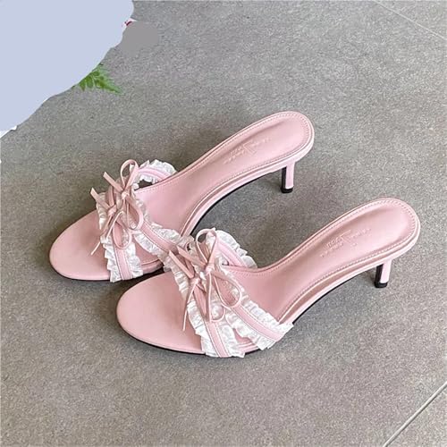 Kitten Heels Butterfly-Knot Women Thin Heels Slippers Shoes Footwear Round Toe Ladies Heeled Sandals(Color 1,9)2
