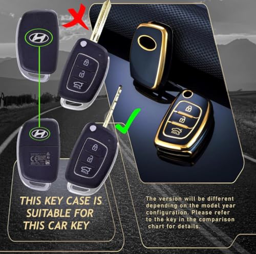 Image of TPU Car Key Cover Black & Golden Compatible for Hyundai I20 Elite, I10 Grand, Old Creta, Xcent, Verna (Hyundai, 3 Button Flip Key)