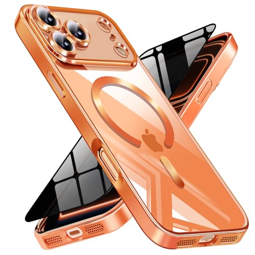 Image of Magnetic for iPhone 17 Pro Max Case with Privacy Screen Protector & Full Camera Cover,[Non-Yellowing] Shockproof Clear Phone Case Compatible with MagSafe Women Girls for iPhone 17 ProMax,Cosmic Orange