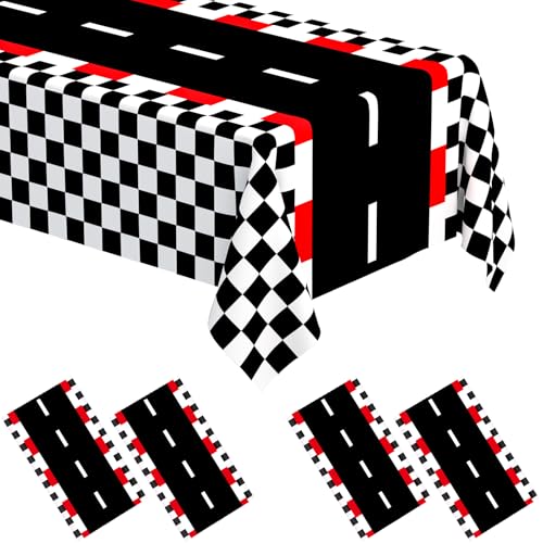 Image of WNINK 4 PCS Racing Car Theme Tablecloths Car Disposable Plastic Tablecloths Black Checkered Flag Table Covers Racetrack Rectangular Tablecloth for Race Car Birthday Party Decorations, 54 x 108 Inch