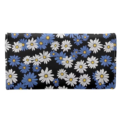 Image of AFPANQZ Dolphin Cherry Blossom Women Wallet Soft Leather Designe, Blue White Daisy Shopping Outdoor Vintage Phone Holder Pockets