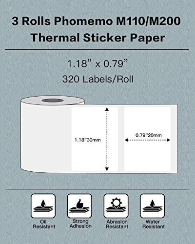 Phomemo Etiquetas- 3 rolos de papel de etiqueta térmica M110/M220/M221/M120/M200 1,18