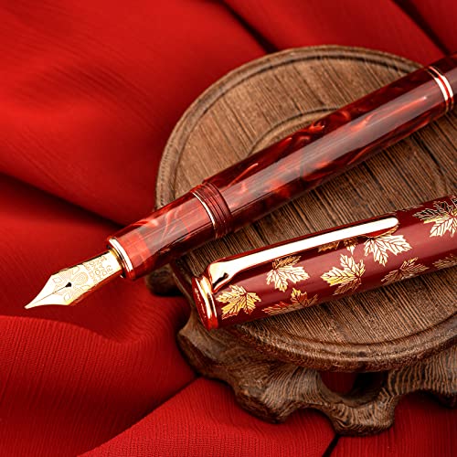 Hongdian N8 Red Acrylic Resin Fountain Pen, Iridium Extra Fine Nib Rose Gold Trim Maple Leaf Carving Cap, Smooth Writing Pen With Converter And Metal Pen Box Set #TOP2