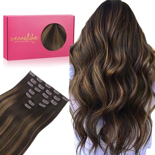 Image of WENNALIFE Clip in Hair Extensions Real Human Hair, 14 Inch 120g 7pcs Dark Brown to Chestnut Brown Balayage Remy Hair Double Weft Reusable