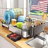 Dish Drying Rack, Aluminium Rustproof Expandable (14.9''-22.3'') Kitchen Counter Dish Rack with Drai