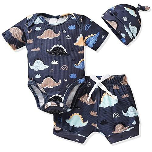 Image of HINTINA Preemie Newborn Infant Baby Boys Outfits Dinosaur Bodysuit Romper Short Pants Hats 3Pcs Summer Clothes Set