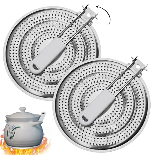 fkngcp Difusor de Calor para Estufa de Gas 2 Piezas de 8 Pulgadas Placa de difusor de Calor de Doble Capa con manija PP PP plegueo de Acero Inoxidable domador de Llamas para Cocina, Restaurante