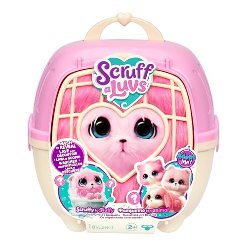 Scruffs de Compagnie ScruffaLuvs Rose – Peluche mystère, 19 cm – Lave et découvre Un Chiot, Un Lapin ou Un Chaton – avec Caisse de Transport Deluxe de...