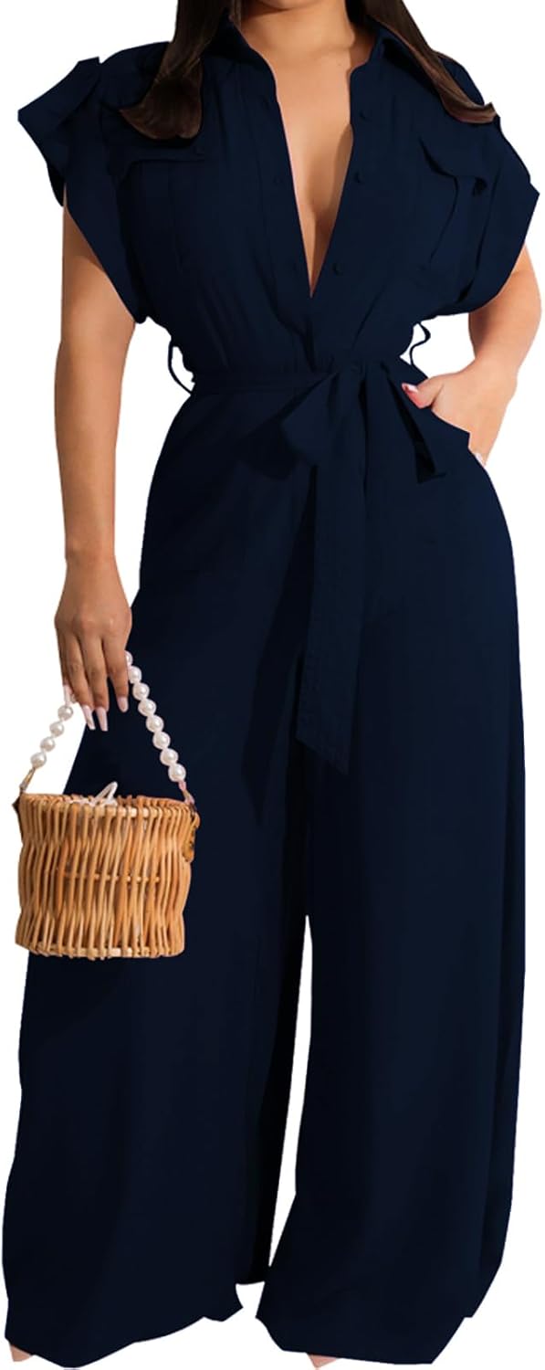 Women's Casual Long Sleeve Round Neck Jumpsuits Work Wide Leg Pants Club Party Loose Rompers