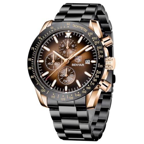 Image of BENYAR Men's Watches Chronograph Watch for Men Multifunction Black Waterproof Sport Fashion Quartz Wristwatches Calendar with Stainless Steel Strap