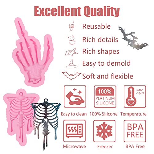 Skeleton Hand Resin Keychain Mold 6 Pcs, Halloween Skull Human Skeleton Bone Rib Shape Mold Halloween Cat Bat Witch Hat Mold For Epoxy Resin, Polymer Clay Crafts, Resin Ornament Molds #TOP1