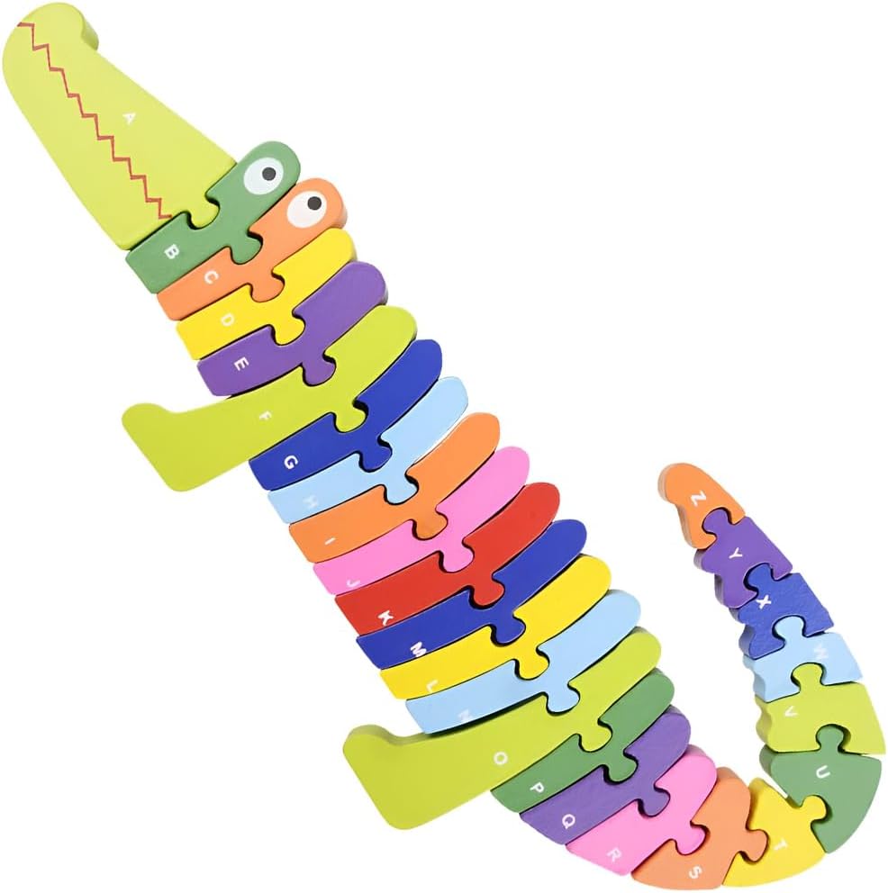 Multicolor Wooden Crocodile Letter Puzzle (14" X 6.5") - Ideal for Educational Play, Birthday Gifts & More - 26 Pc