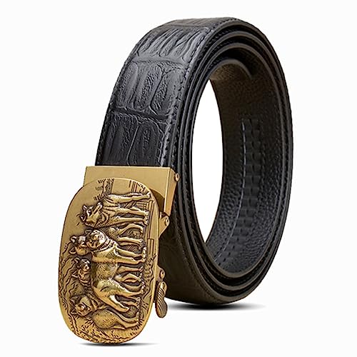 Men's Crocodile Pattern Leather Belt - Automatic Ratchet Buckle With Engraved Wolf Design For Dress & Casual