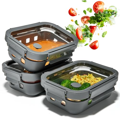 Dalena Home Meal Prep Boîtes Set 3x640ml – Verre borosilicate, hermétique, empilable, micro-ondes avec valve vapeur, coque silicone anti-choc