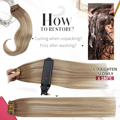 Moresoo Balayage Clip in Hair Extensions for Women Remy Double Weft Short Real Hair Extensions Clip in Human Hair Light Brown Mix Blonde 5Pieces 80G 12inch