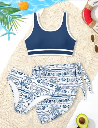 Image of Girls Swimsuit Double Strap High Waist Sporty Bikini Swimsuits Swim Cover Up Skirt 3 Piece Set
