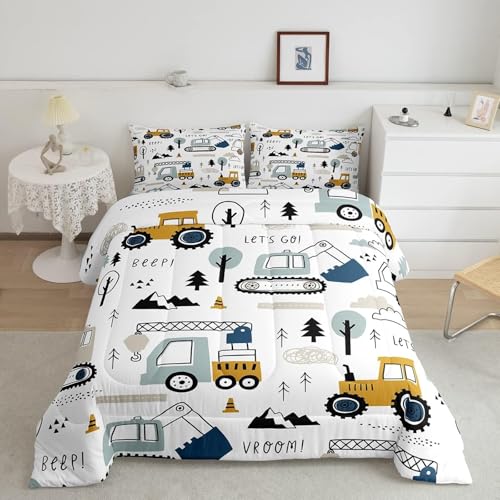 Tabeskly Kids Boy Car Digger Tractor Engineering vehicle Soft Zipper Bed Bedding Duvet Cover Set Single White 135×200cm
