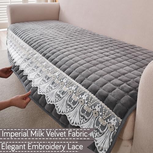 Image of HOKIPO 'BelleLace Series' 5 Seater Sofa Cover Mat in 3+2 Seater Combination | Imperial Milk Velvet with Anti Slip Backing, Porpoise Grey (AR-5966+5964-DGRY)