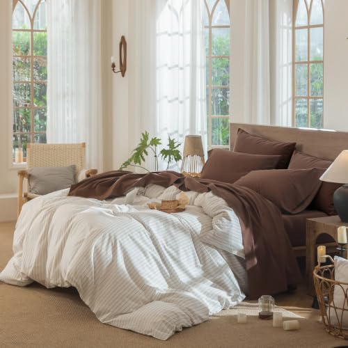 Image of MooMee Sheet Set 100% Washed Cotton Linen-Like Extra Deep Pocket Queen | Relaxed Linen-like Texture. Soft, Breathable & Lightweight Comfort. 15-19 inch Extra Deep Pocket with All-around Elastic
