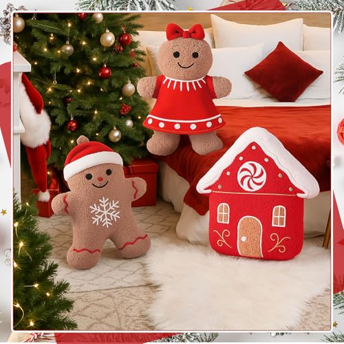 Image of Konohan 3 Pcs Christmas Gingerbread Pillows House Man Throw Pillows Stuffed Gingerbread Shaped Pillow for Christmas Party Outdoor Cushion Decorations (Red,Lovely Style)