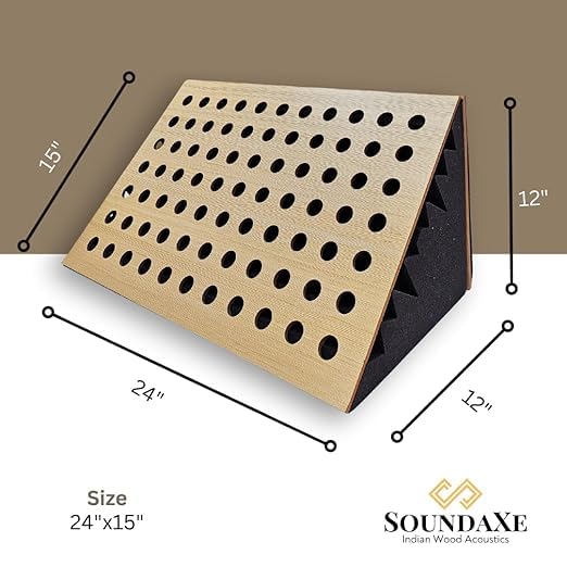 Image of SoundaXe M-Dot Corner Bass Trap, Wood + Acoustic Foam | Diffuse Bass in Studio & Home Theatres Douglas Pine, 24x15 inch, 2 pcs + SR Adhesive