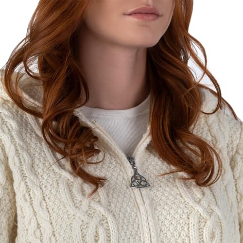 Image of SAOL 100% Merino Wool Aran Irish Cardigan for Women with Pockets, Hood and Celtic Zipper