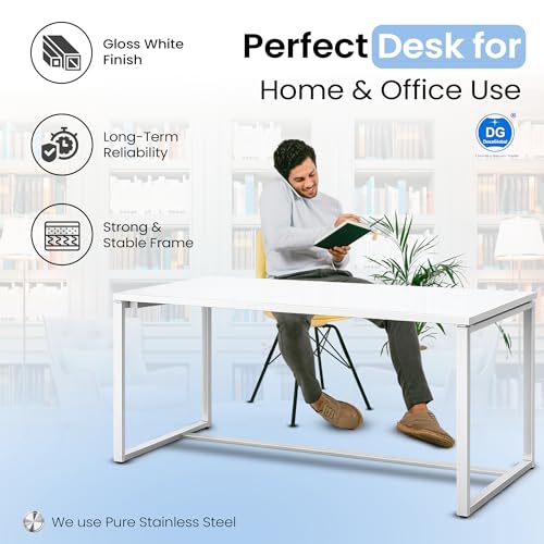 Image of Steel Metal Meeting Table Rectangular for WFH (Glossy White Finish top + White Legs Base Large 6 ft x 3 ft Top Size)