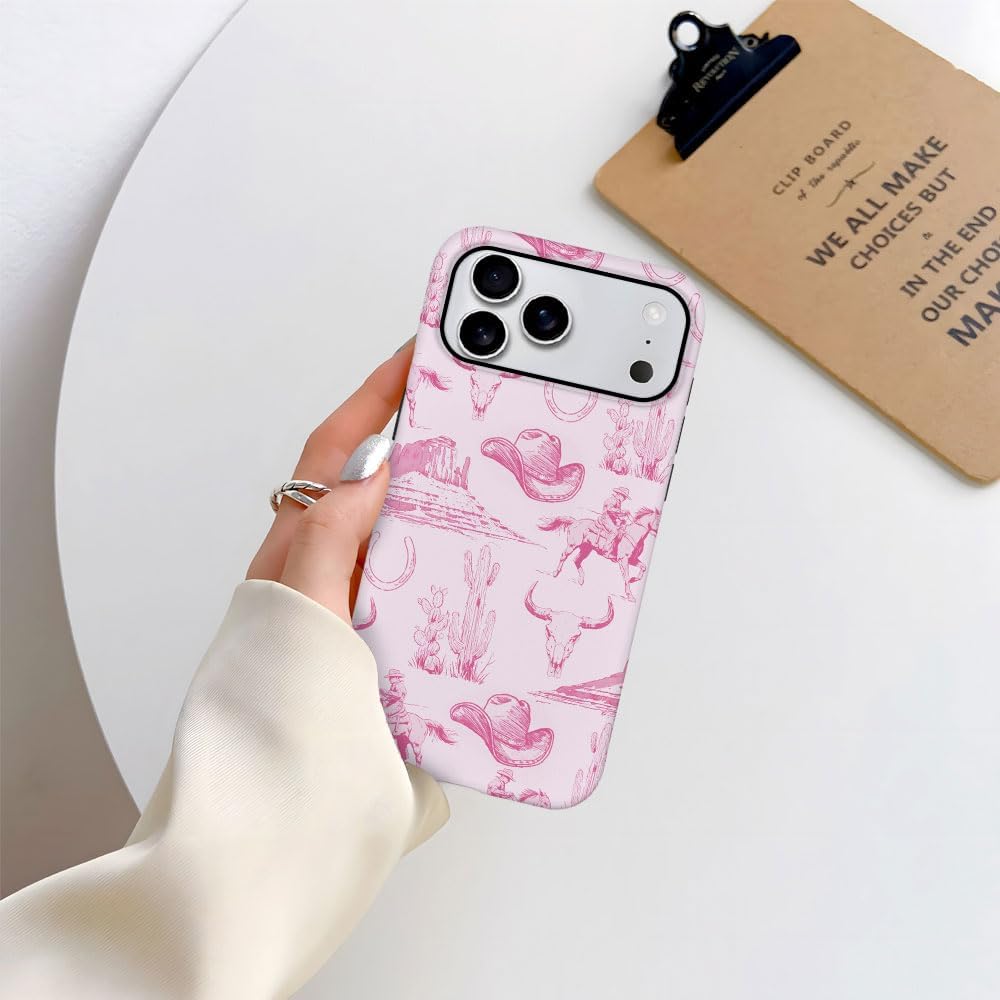 DAIZAG Case Compatible with iPhone 17 Pro Max,Fit Shockproof Cover for Women Girls,Vintage Pink Cowboy Hat Horses Cacti - Image 5
