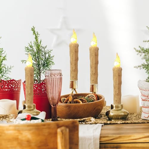 Image of Retro Khaki Flameless Short Taper Candles, Real Wax Hand Dipped LED Battery Operated with Remote, Flickering Flame Lights for Festival Home Decor, 6.7 Inch Primitive Flameless Candles, 4PCS