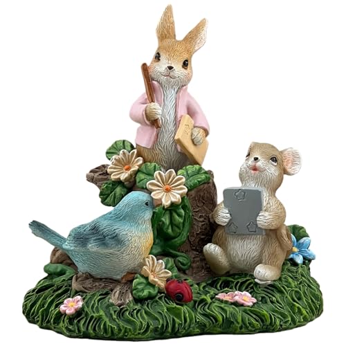 Estatua decorativa de resina conejo ratón y pájaro jardín miniatura 1