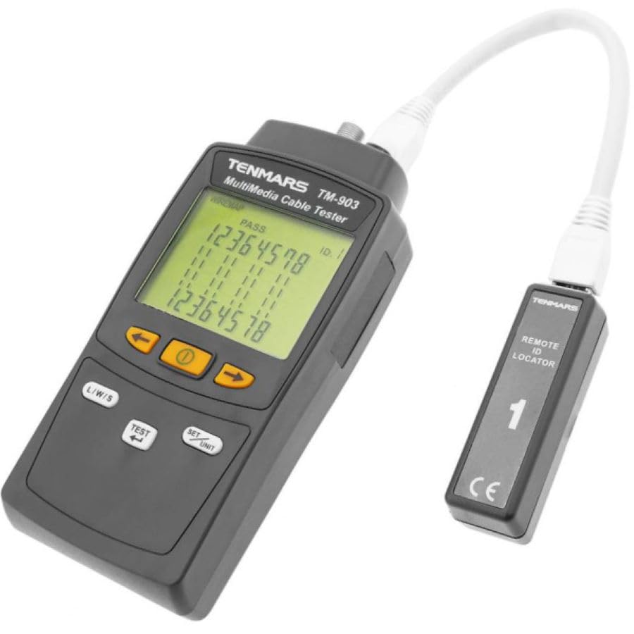 The Tenmars TM-902 LAN Cable Tester main unit with its LCD screen and control buttons.