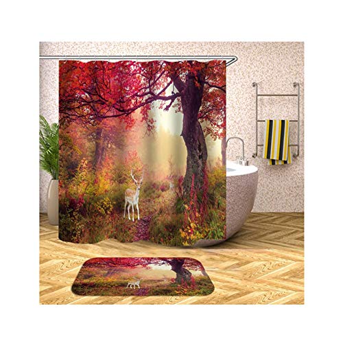 Polyester Duschvorhang & Badteppich Set Hirsch im Wald Bad Vorhang Badvorleger 90x180CM mit 12 Duschvorhangringen