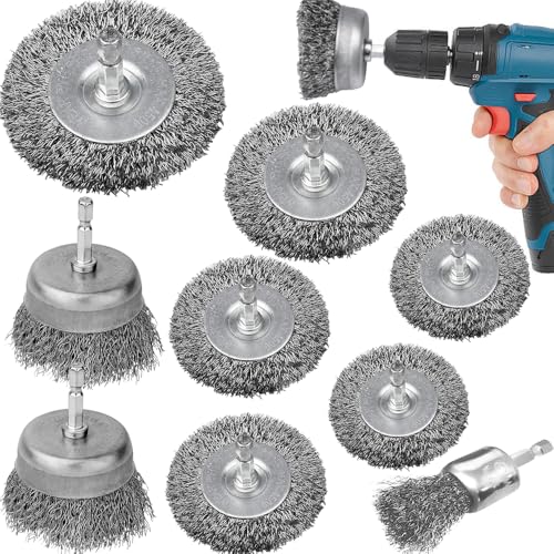 Doaizer Wire Brushes for Drills, 1/4-Inch Shank, Carbon Steel, Crimped Wire Bristles, 9-Piece Set for Rust, Paint, Wood, and Abrasive Removal