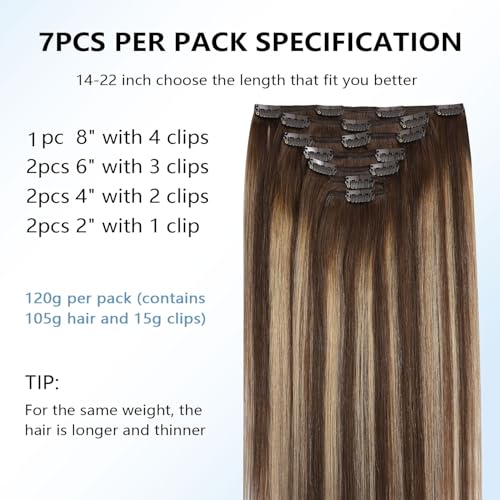 Image of COOKAYU Clip in Hair Extensions Real Human Hair, 4 /27 /4 Medium Brown to Caramel Blonde Balayage Real Human Hair, Remy Clip in Hair Extensions 14 inch 120g 7pcs