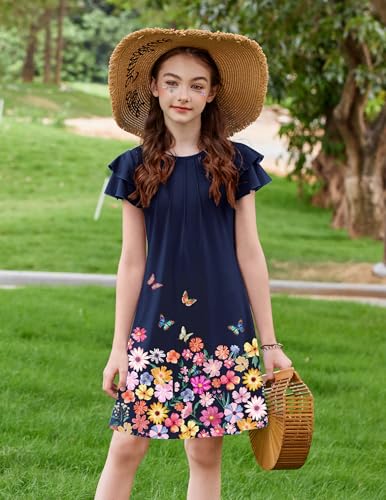 Arshiner Mädchen Kleider Sommer Plissiertes Gewellte Ärmel Kinder Bedruckt Elegante Festliches Sommerkleid Freizeitkleid Kurzarm A-Linie Kinderkleid Marineblau Blumenmädchenkleid 120 6-7 Jahre