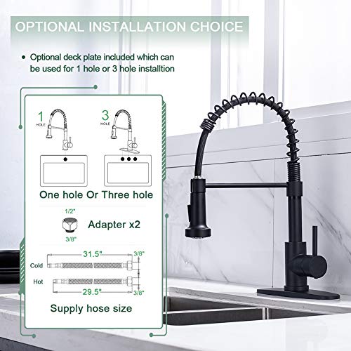 Kitchen Faucet, Kitchen Faucets with Pull Down Sprayer WEWE Sus304 Stainless Steel Matte Black Industrial Single Handle One Hole Or 3 Hole Faucet for Farmhouse Camper Laundry Utility Rv Wet Bar Sinks