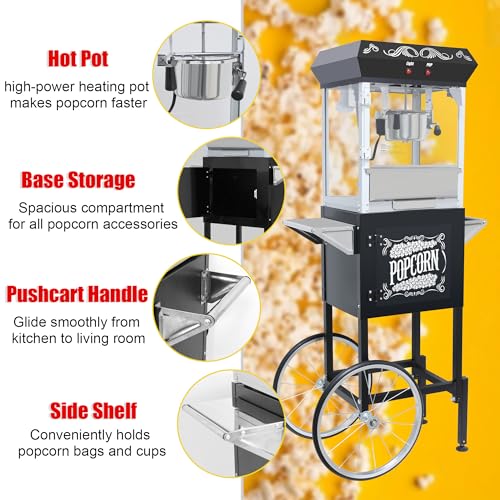 Image of Popcorn Machine with Cart & Wheels 丨 Popcorn Maker Machine with 8OZ Stainless Steel Kettle丨 Pop corn Machine Maker for Home, Theater, Parties, Black