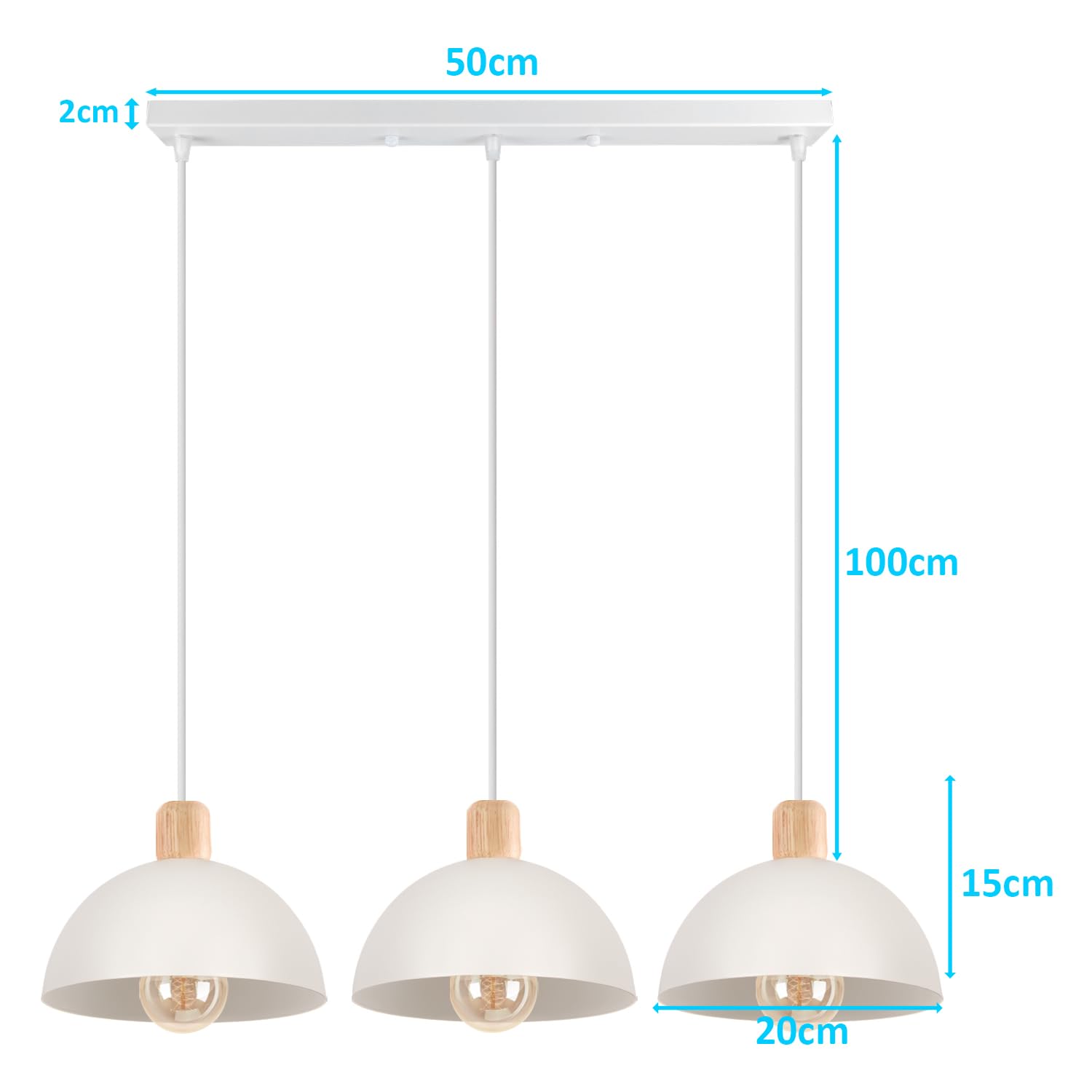 iDEGU 3 lampy wiszące nowoczesne 20 cm żyrandol wiszący styl retro półokrąg lampa sufitowa drewniany metalowy klosz E27 oświetlenie sufitowe do salonu, jadalni, kuchni (bar, biały)